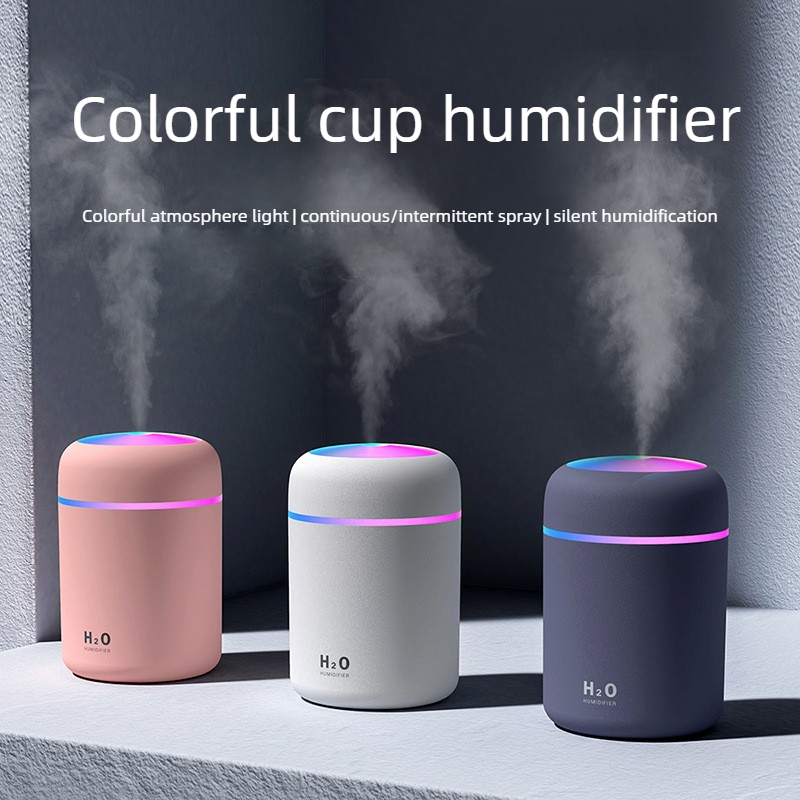 Mini Colorful Cup Humidifier, 300ml Portable USB Cool Mist Humidifier with 7-Color Night Light, for Car, Bedroom, Desk, and Office - Gray