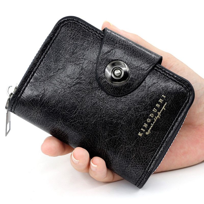 Vintage Waxed PU Leather Card Holder Wallet, Snap Button Zipper Coin Purse, Multi-Card Slot Mini Credit Card Case for Men and Women (Black)