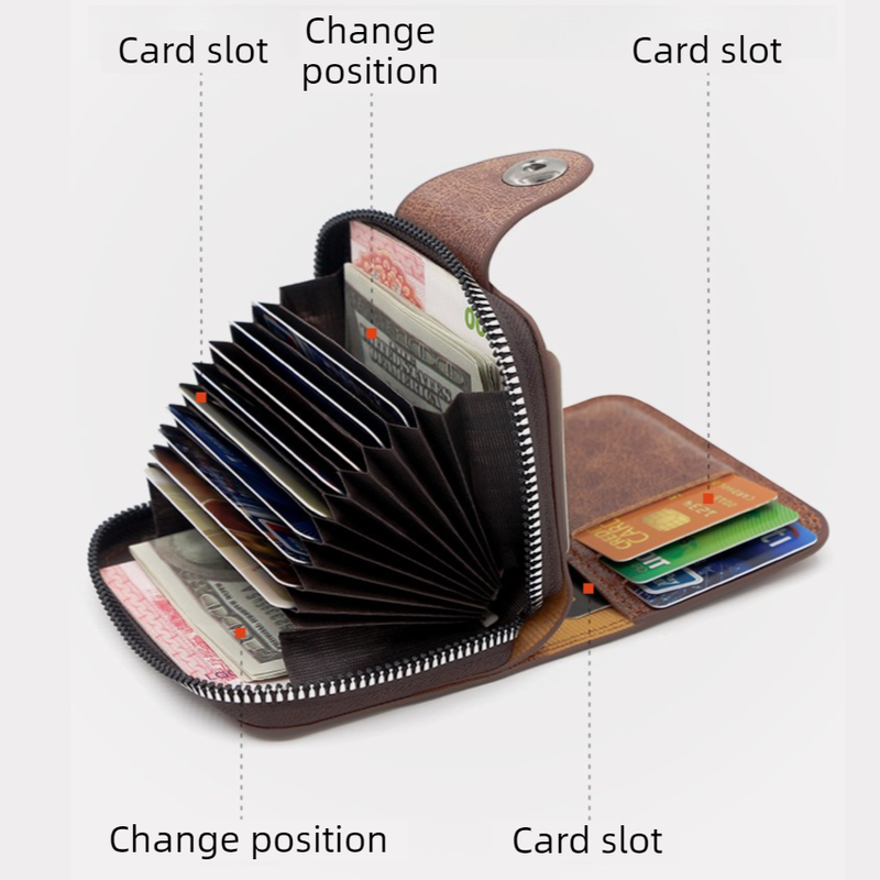 Vintage Waxed PU Leather Card Holder Wallet, Snap Button Zipper Coin Purse, Multi-Card Slot Mini Credit Card Case for Men and Women (Black)