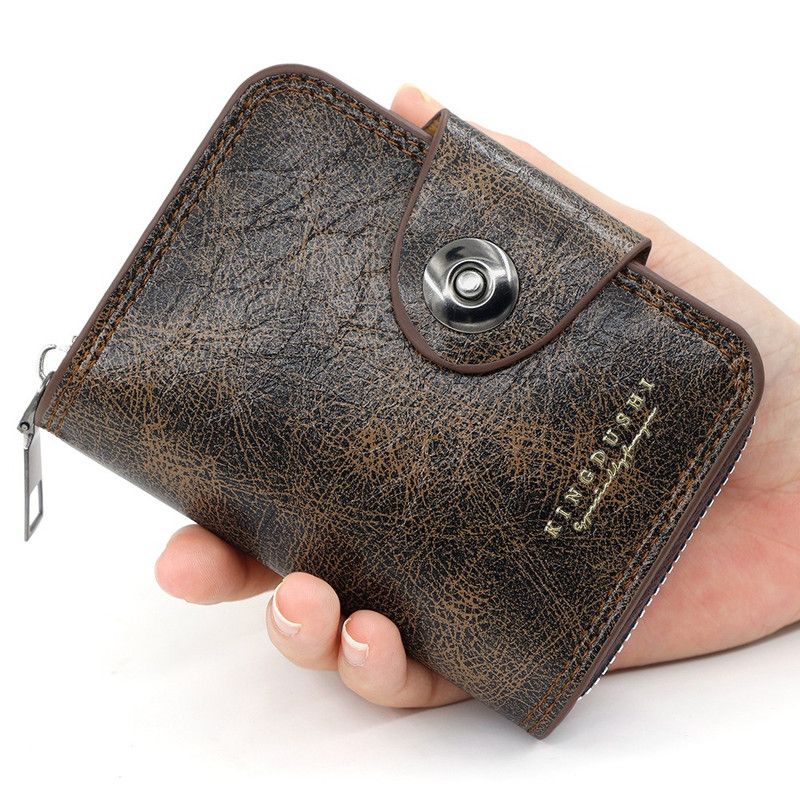 Vintage Waxed PU Leather Card Holder Wallet, Snap Button Zipper Coin Purse, Multi-Card Slot Mini Credit Card Case for Men and Women (Dark Brown)
