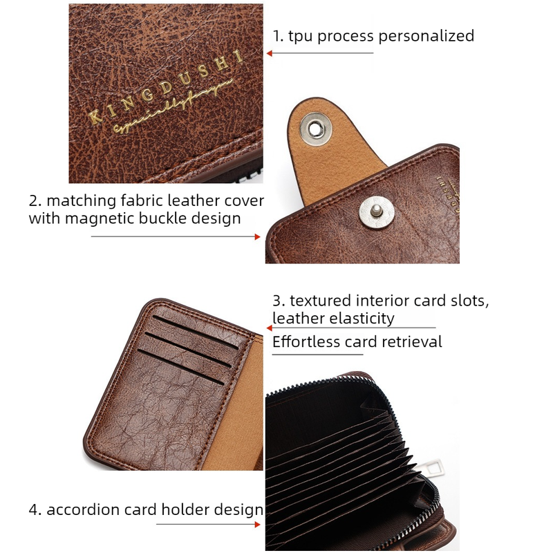 Vintage Waxed PU Leather Card Holder Wallet, Snap Button Zipper Coin Purse, Multi-Card Slot Mini Credit Card Case for Men and Women (Dark Brown)