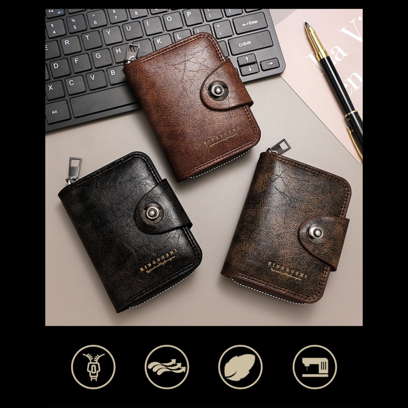 Vintage Waxed PU Leather Card Holder Wallet, Snap Button Zipper Coin Purse, Multi-Card Slot Mini Credit Card Case for Men and Women (Dark Brown)