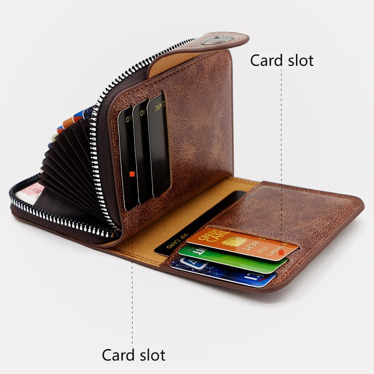 Vintage Waxed PU Leather Card Holder Wallet, Snap Button Zipper Coin Purse, Multi-Card Slot Mini Credit Card Case for Men and Women (Brown)