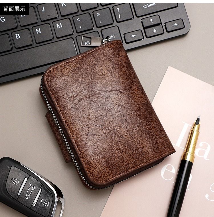 Vintage Waxed PU Leather Card Holder Wallet, Snap Button Zipper Coin Purse, Multi-Card Slot Mini Credit Card Case for Men and Women (Brown)