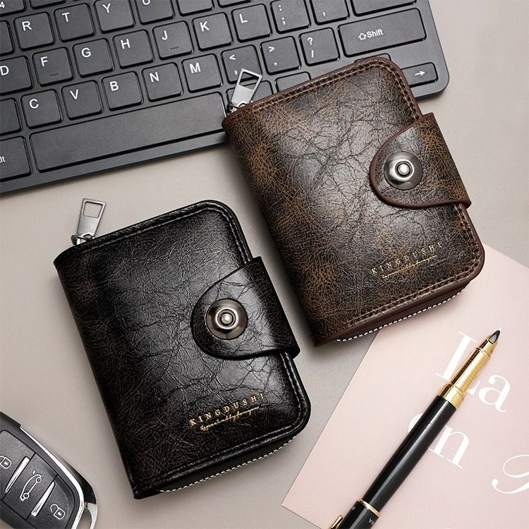 Vintage Waxed PU Leather Card Holder Wallet, Snap Button Zipper Coin Purse, Multi-Card Slot Mini Credit Card Case for Men and Women (Brown)