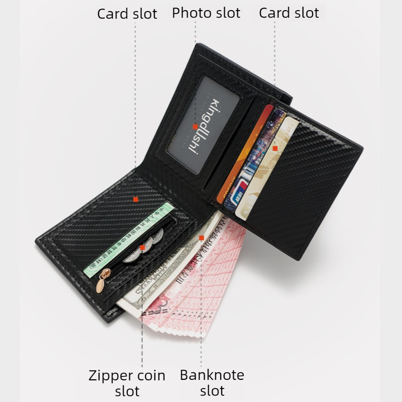 Men's Short Bifold Carbon Fiber Texture PU Wallet, Multi-Card Slot Purse with Zipper Coin Pocket & ID Photo Window for Daily Use (Black)