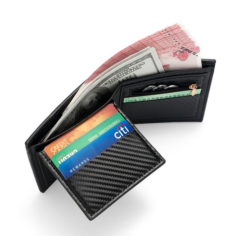 Men's Short Bifold Carbon Fiber Texture PU Wallet, Multi-Card Slot Purse with Zipper Coin Pocket & ID Photo Window for Daily Use (Blue)