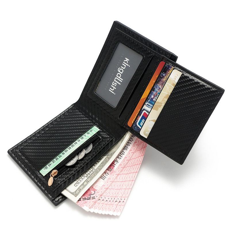 Men's Short Bifold Carbon Fiber Texture PU Wallet, Multi-Card Slot Purse with Zipper Coin Pocket & ID Photo Window for Daily Use (Dark Brown)