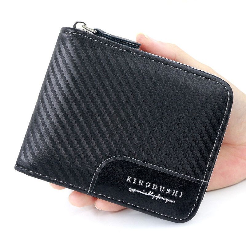 Full-Zip Carbon Fiber PU Wallet for Men, Multi-Card Slot Snap Coin Purse with ID Photo Window - Black