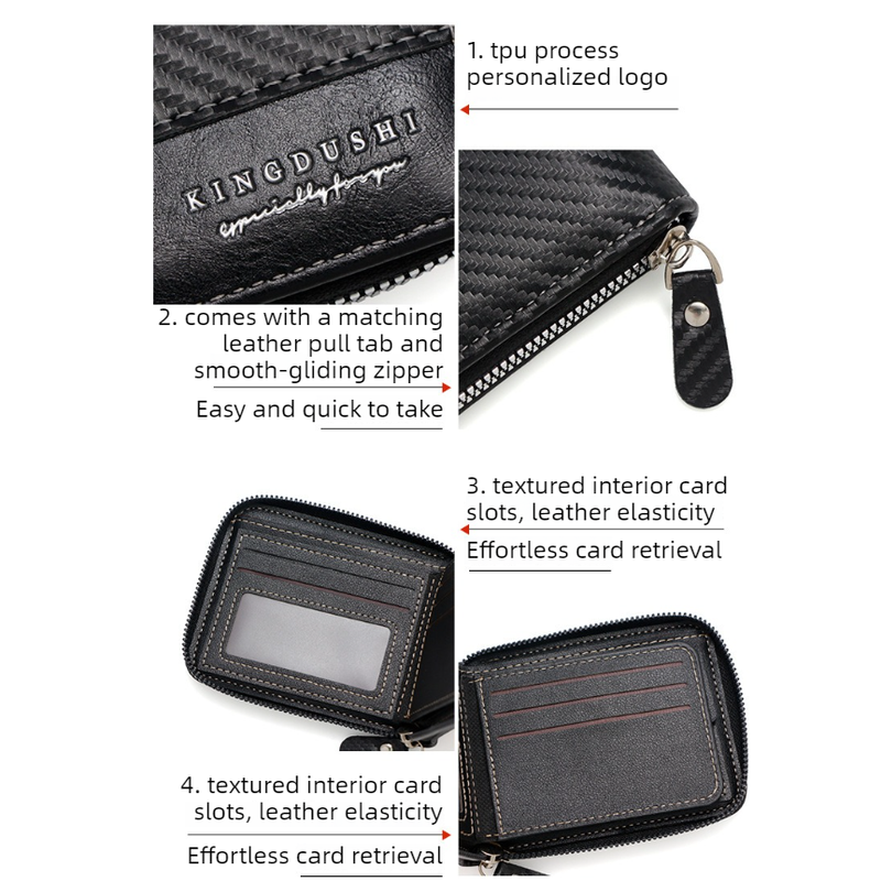 Full-Zip Carbon Fiber PU Wallet for Men, Multi-Card Slot Snap Coin Purse with ID Photo Window - Black