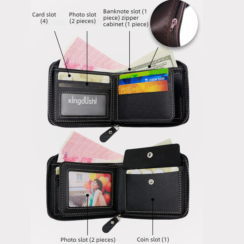 Full-Zip Carbon Fiber PU Wallet for Men, Multi-Card Slot Snap Coin Purse with ID Photo Window - Dark Brown