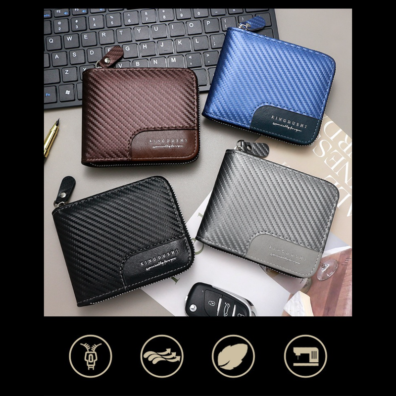 Full-Zip Carbon Fiber PU Wallet for Men, Multi-Card Slot Snap Coin Purse with ID Photo Window - Dark Brown