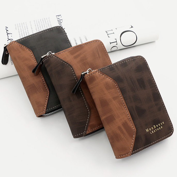 Two-tone Patchwork PU Zip-Around Short Wallet for Men, Embossed Letter Multi-Card Slot Purse with Dual Coin Pockets & ID Photo Slot (Black)