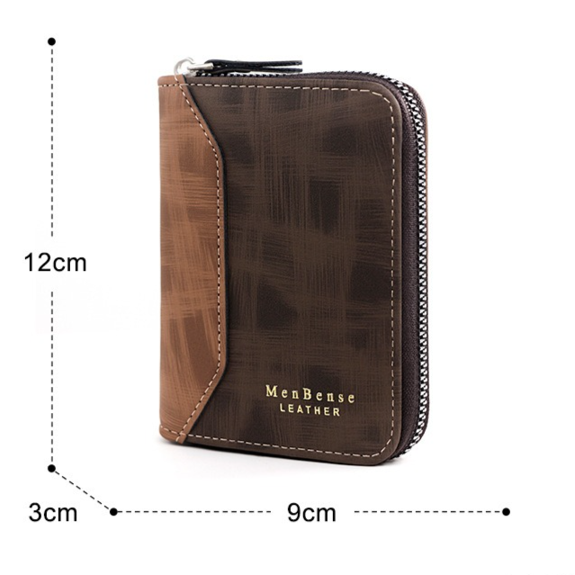 Two-tone Patchwork PU Zip-Around Short Wallet for Men, Embossed Letter Multi-Card Slot Purse with Dual Coin Pockets & ID Photo Slot (Black)