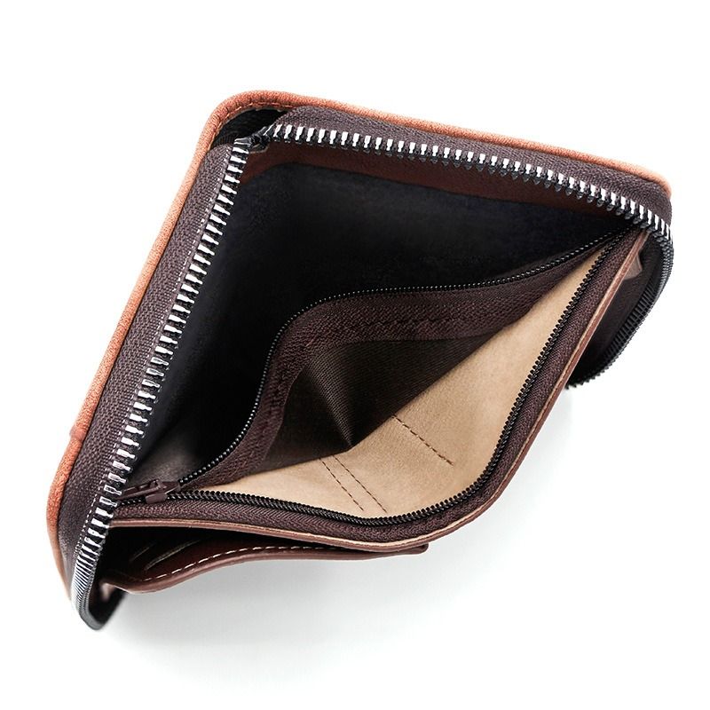 Two-tone Patchwork PU Zip-Around Short Wallet for Men, Embossed Letter Multi-Card Slot Purse with Dual Coin Pockets & ID Photo Slot (Brown)