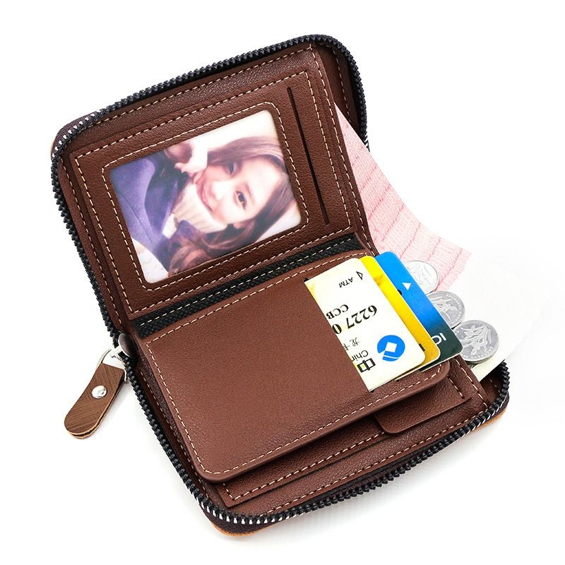 Two-tone Patchwork PU Zip-Around Short Wallet for Men, Embossed Letter Multi-Card Slot Purse with Dual Coin Pockets & ID Photo Slot (Brown)
