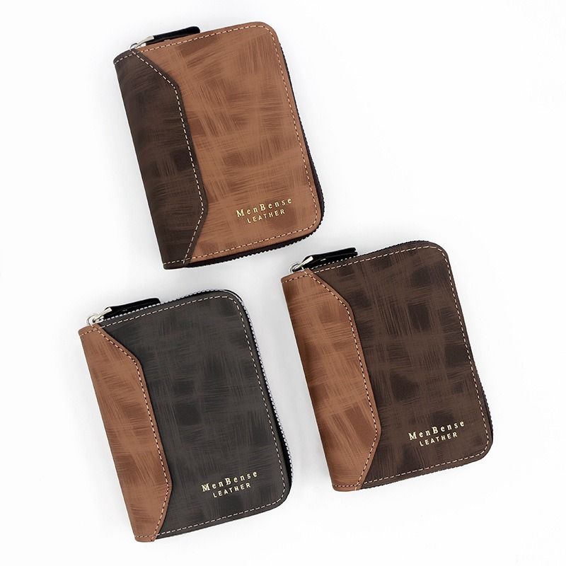 Two-tone Patchwork PU Zip-Around Short Wallet for Men, Embossed Letter Multi-Card Slot Purse with Dual Coin Pockets & ID Photo Slot (Brown)