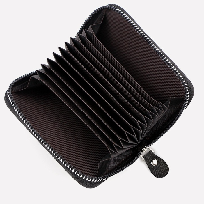 Matte PU Accordion Card Holder Wallet, Zip-Around Coin Purse with Extra Front Card Slot, Multi-Slot Credit Card Case for Men and Women (Dark Brown)