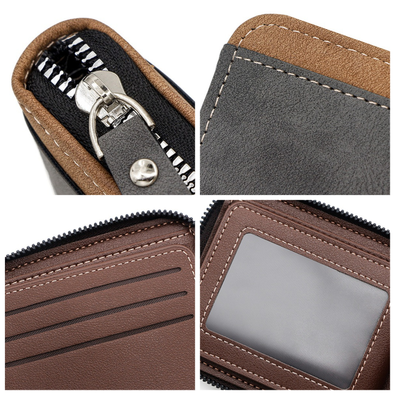 Men's Tri-fold Zip-Around Wallet, PU Leather Purse with Snap Coin Pocket & ID Photo Slot, Multi-Card Slots Business Casual Short Billfold (Black)