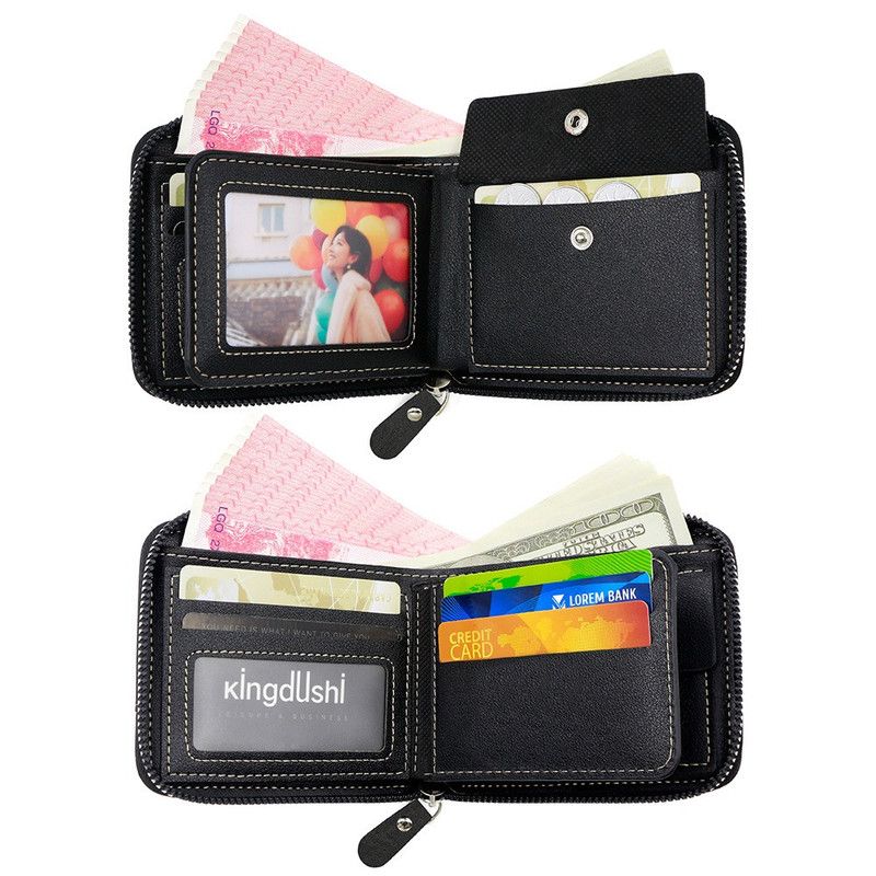 Men's Tri-fold Zip-Around Wallet, PU Leather Purse with Snap Coin Pocket & ID Photo Slot, Multi-Card Slots Business Casual Short Billfold (Dark Brown)