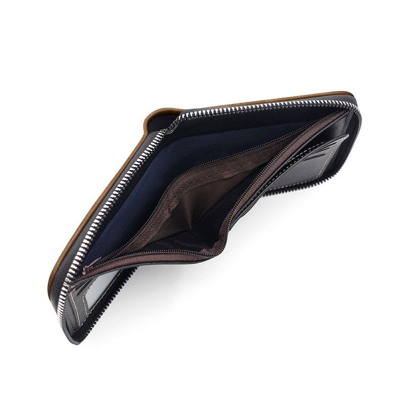 Men's Tri-fold Zip-Around Wallet, PU Leather Purse with Snap Coin Pocket & ID Photo Slot, Multi-Card Slots Business Casual Short Billfold (Brown)