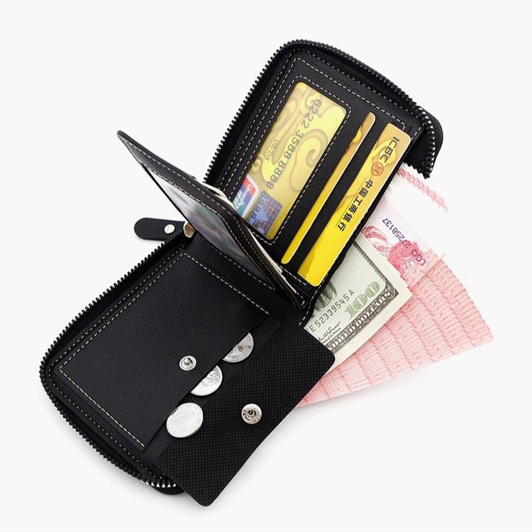 Men's Tri-fold Zip-Around Wallet, PU Leather Purse with Snap Coin Pocket & ID Photo Slot, Multi-Card Slots Business Casual Short Billfold (Brown)