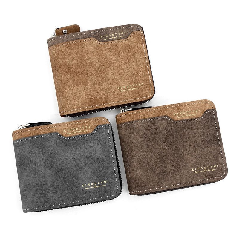 Men's Tri-fold Zip-Around Wallet, PU Leather Purse with Snap Coin Pocket & ID Photo Slot, Multi-Card Slots Business Casual Short Billfold (Brown)