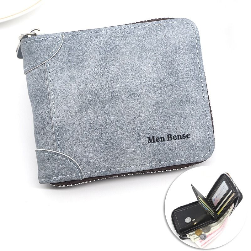 Vintage Matte PU Leather Zip-Around Bifold Wallet for Men, Multi-Card Slot Coin Purse with ID Window, Casual Short Billfold Purse (Gray-Blue)