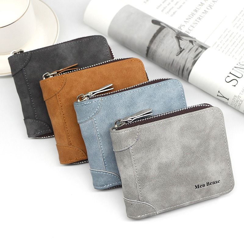 Vintage Matte PU Leather Zip-Around Bifold Wallet for Men, Multi-Card Slot Coin Purse with ID Window, Casual Short Billfold Purse (Gray-Blue)
