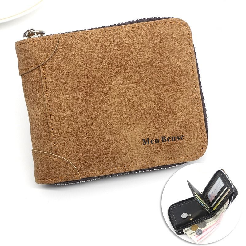 Vintage Matte PU Leather Zip-Around Bifold Wallet for Men, Multi-Card Slot Coin Purse with ID Window, Casual Short Billfold Purse (Brown)
