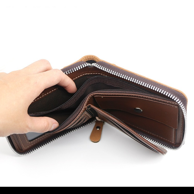 Vintage Matte PU Leather Zip-Around Bifold Wallet for Men, Multi-Card Slot Coin Purse with ID Window, Casual Short Billfold Purse (Brown)