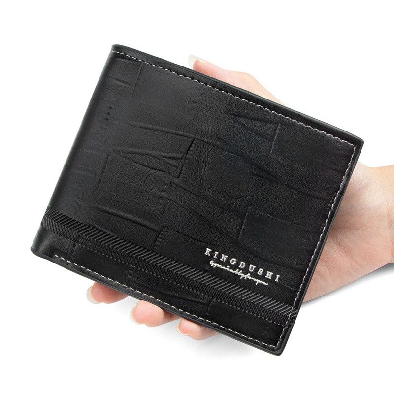 Men's Bifold Embossed PU Wallet, Multi-Card Slots, Dual-Zipper Coin Pocket with ID Window, Business Casual Short Billfold (Black)