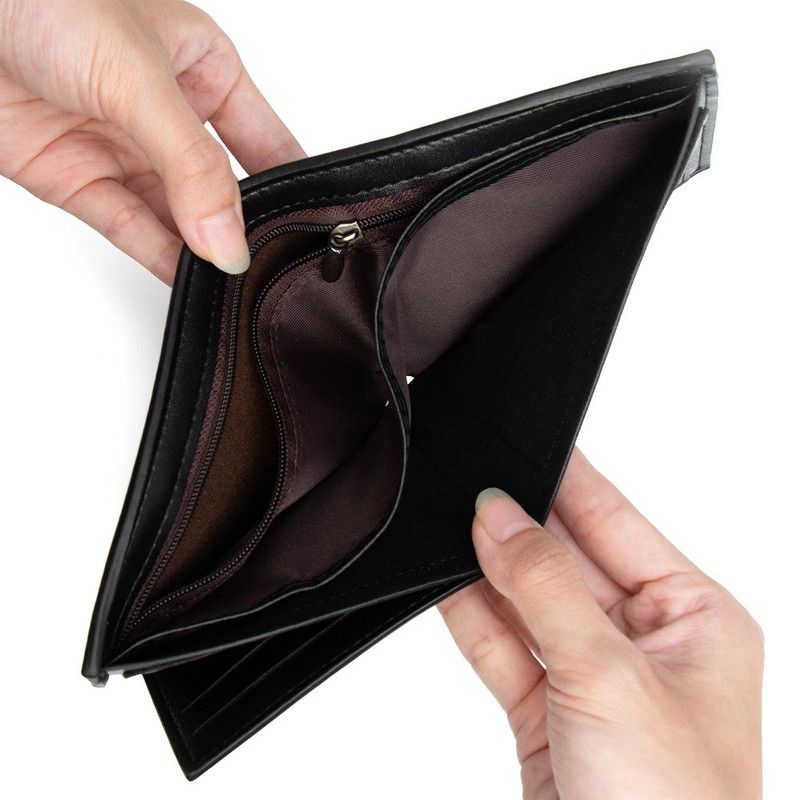 Men's Bifold Embossed PU Wallet, Multi-Card Slots, Dual-Zipper Coin Pocket with ID Window, Business Casual Short Billfold (Black)