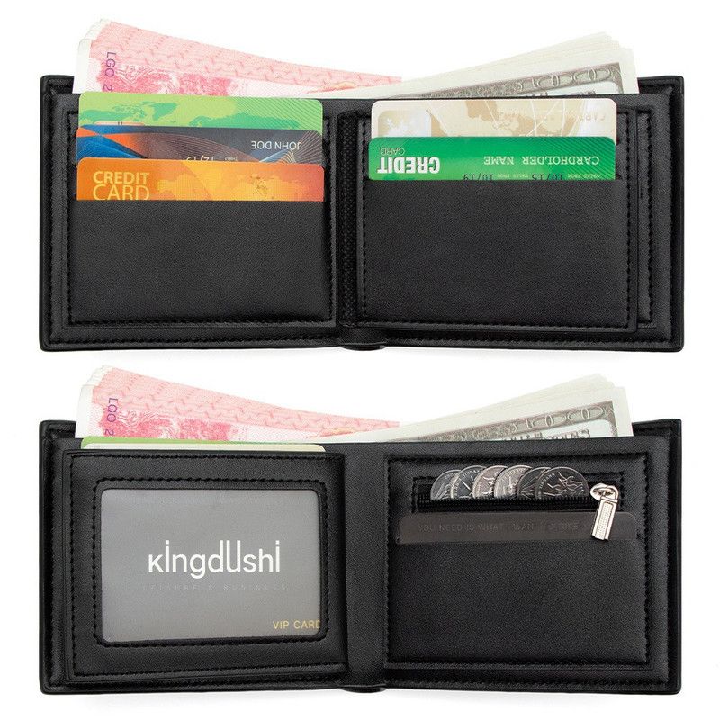 Men's Bifold Embossed PU Wallet, Multi-Card Slots, Dual-Zipper Coin Pocket with ID Window, Business Casual Short Billfold (Brown)