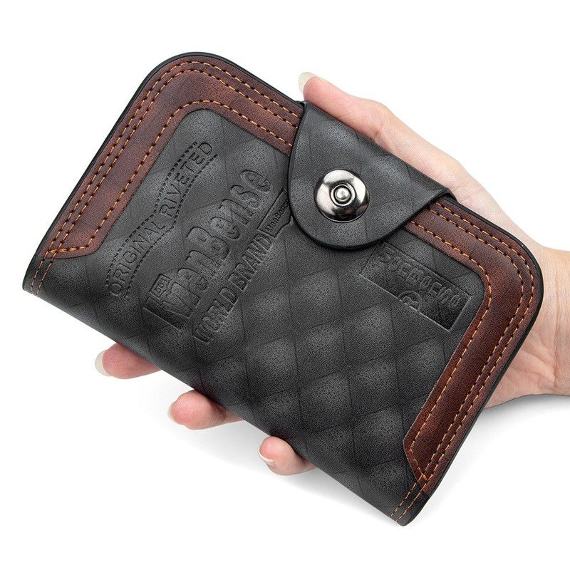 Vintage Patchwork Snap-Closure Vertical Wallet for Men, PU Leather Wallet with 13 Card Slots, Zippered Coin Pocket, and ID Window (Black)