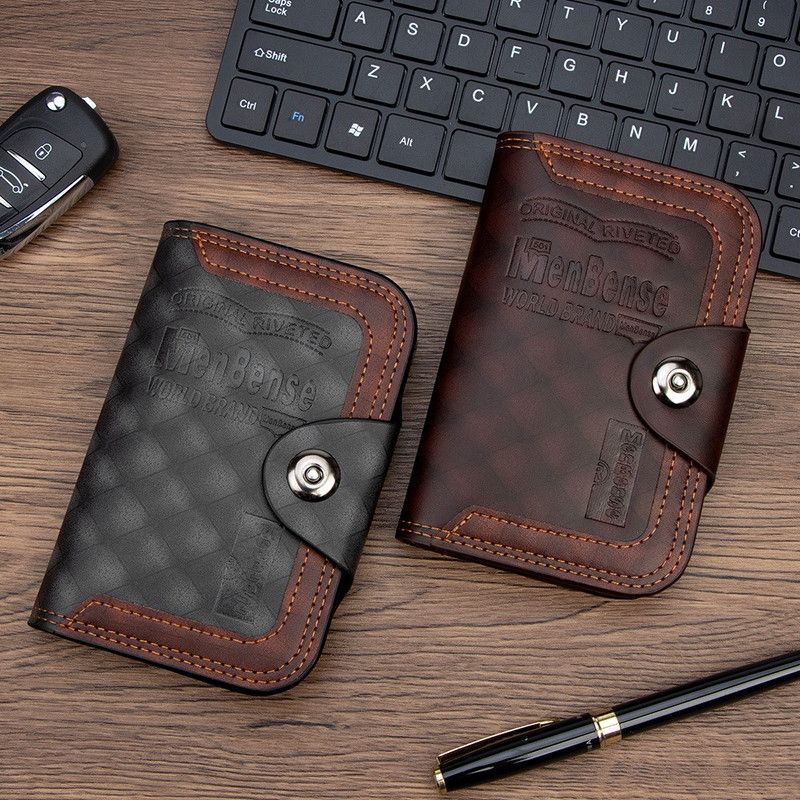 Vintage Patchwork Snap-Closure Vertical Wallet for Men, PU Leather Wallet with 13 Card Slots, Zippered Coin Pocket, and ID Window (Black)