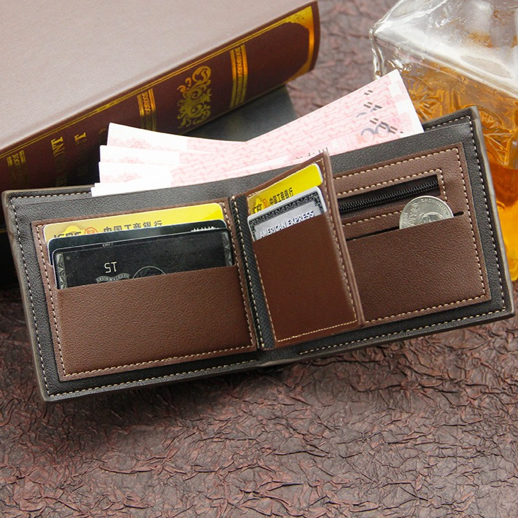British-Style Two-Tone Bifold Wallet for Men, Matte Printed PU Leather Wallet with Zip Coin Pocket, Multiple Card Slots, and ID Photo Window (Black)