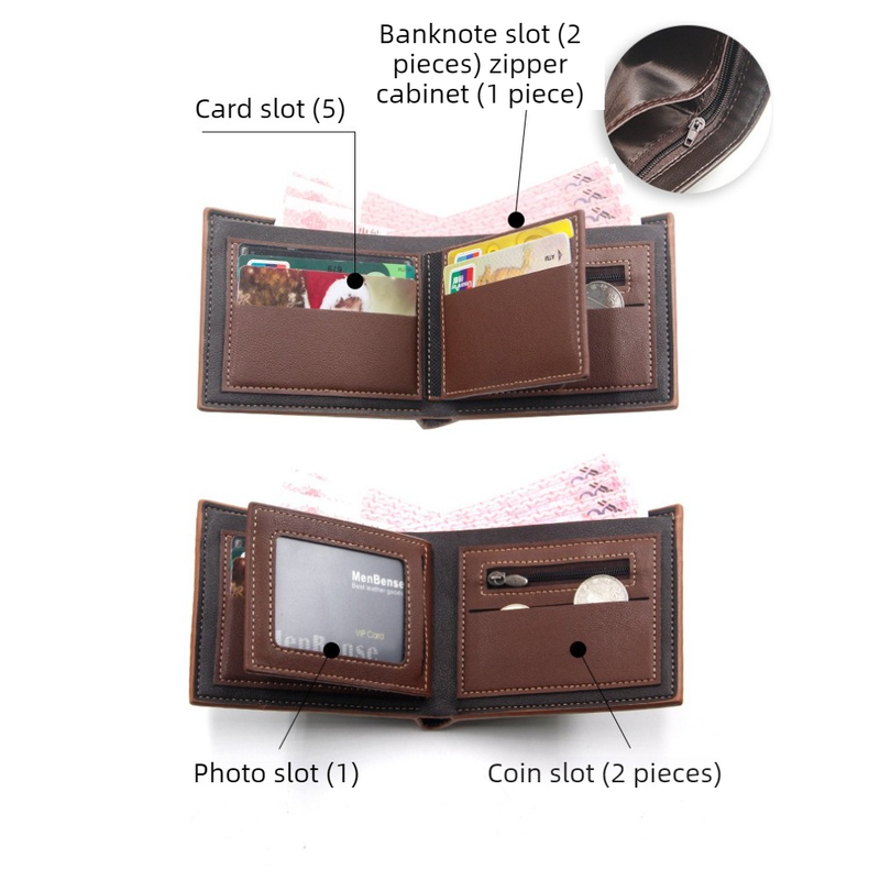 British-Style Two-Tone Bifold Wallet for Men, Matte Printed PU Leather Wallet with Zip Coin Pocket, Multiple Card Slots & ID Photo Window (Dark Brown)