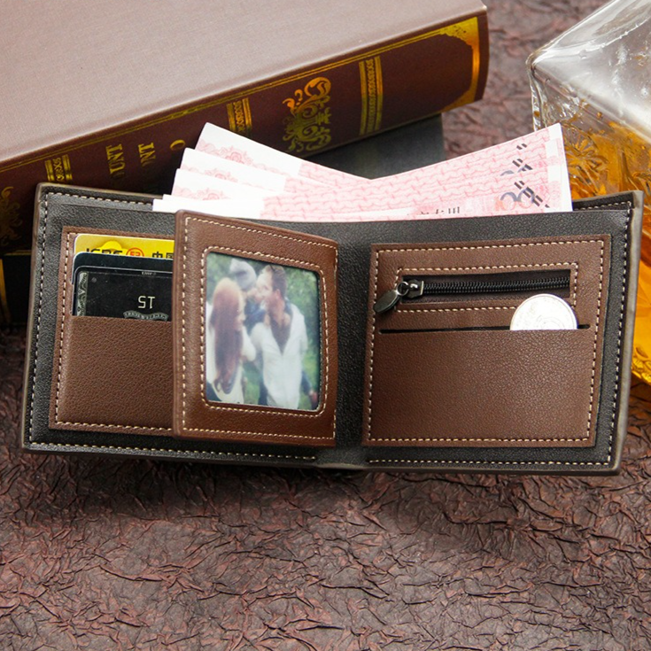 British-Style Two-Tone Bifold Wallet for Men, Matte Printed PU Leather Wallet with Zip Coin Pocket, Multiple Card Slots & ID Photo Window (Dark Brown)