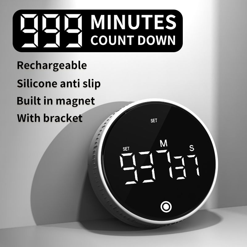Rotating Digital Kitchen Timer, 999-Minute LED Display Timer with Magnetic Back & Stand, Type-C, for Studying and Exercising—White