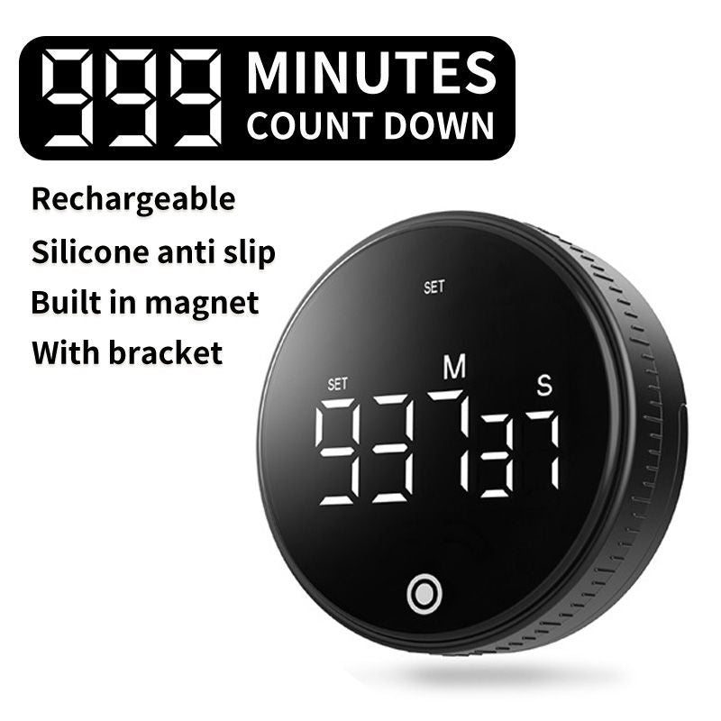 Rotating Digital Kitchen Timer, 999-Minute LED Display Timer with Magnetic Back & Stand, Type-C, for Studying and Exercising—Black