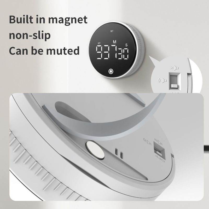 Rotating Digital Kitchen Timer, 999-Minute LED Display Timer with Magnetic Back & Stand, Type-C, for Studying and Exercising—Black