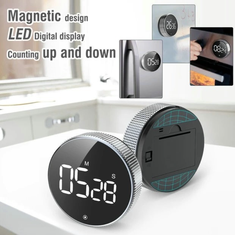 Rotating Magnetic Digital Timer, LCD Display Kitchen Timer with 3 Volume Levels, for Cooking, Studying, and Office Use—Silver