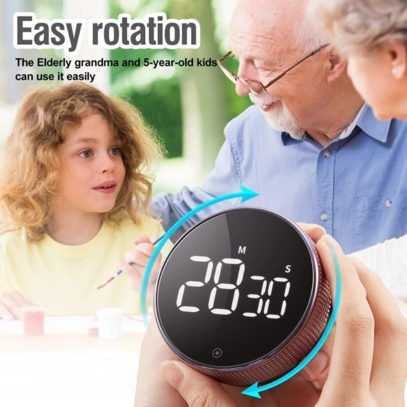Rotating Magnetic Digital Timer, LCD Display Kitchen Timer with 3 Volume Levels, for Cooking, Studying, and Office Use—Silver