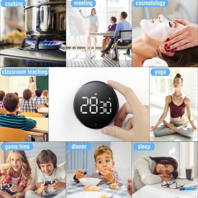 Rotating Magnetic Digital Timer, LCD Display Kitchen Timer with 3 Volume Levels, for Cooking, Studying, and Office Use—Silver
