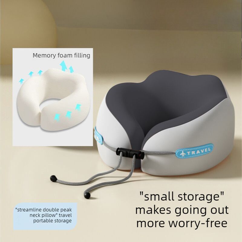 Memory Foam Travel Neck Pillow, U-Shaped Pillow with Ice Silk Cover, Adjustable Lock, and Storage Case for Airplane, Car, Office - Gray