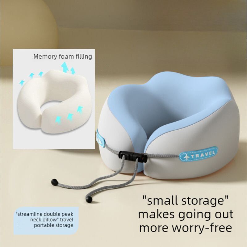 Memory Foam Travel Neck Pillow, U-Shaped Pillow with Ice Silk Cover, Adjustable Lock, and Storage Case for Airplane, Car, Office - Blue