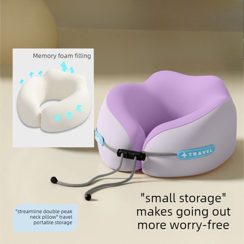 Memory Foam Travel Neck Pillow, U-Shaped Pillow with Ice Silk Cover, Adjustable Lock, and Storage Case for Airplane, Car, Office - Purple
