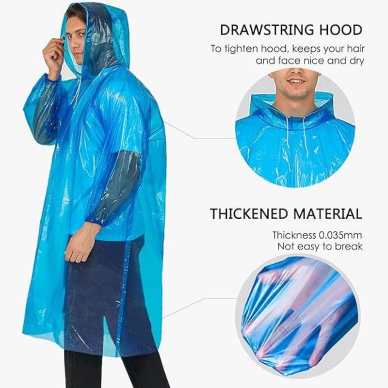 6-Pack - Disposable Thickened PE Rain Poncho, Waterproof Raincoat with Drawstring Hood & Elastic Cuffs, for Hiking, Concerts, and Outdoor Activities - Clear