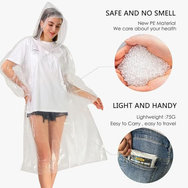 6-Pack - Disposable Thickened PE Rain Poncho, Waterproof Raincoat with Drawstring Hood & Elastic Cuffs, for Hiking, Concerts, and Outdoor Activities - Clear